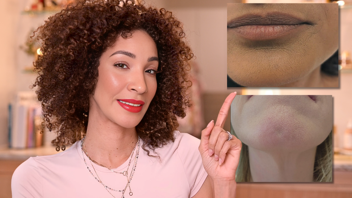 Makeup artist Saj Mack pressing moisturiser into the chin to prep skin so makeup doesn't crack